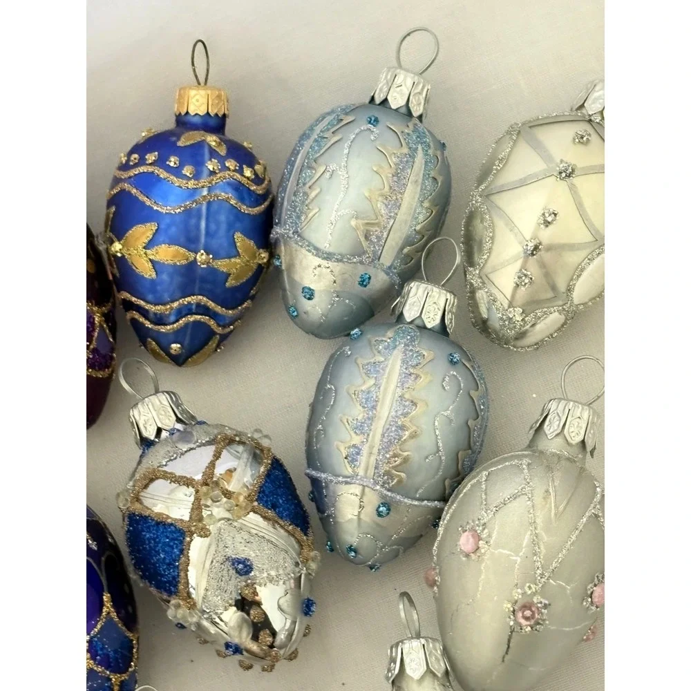 16 Miniature Egg Christmas Ornaments Silver Gold Glitter Jeweled Embellished